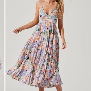 ASTR Blythe Floral Plisse Midi Dress, Coral Multi, Size M